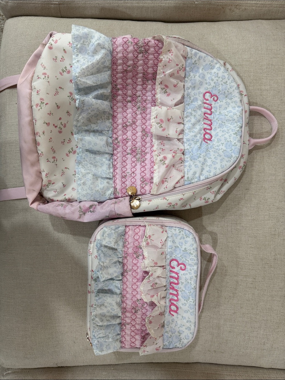 Personalized Emma Pink Floral Kids Backpack and Lunch Bag Set